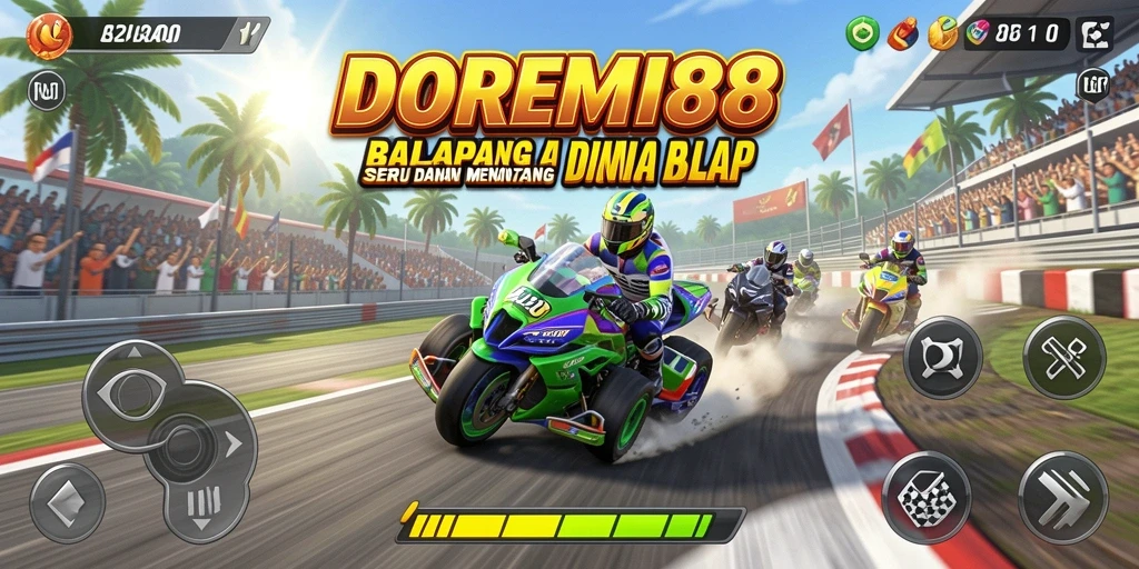 Screenshot gameplay DOREMI88 dengan mobil balap yang melaju kencang.