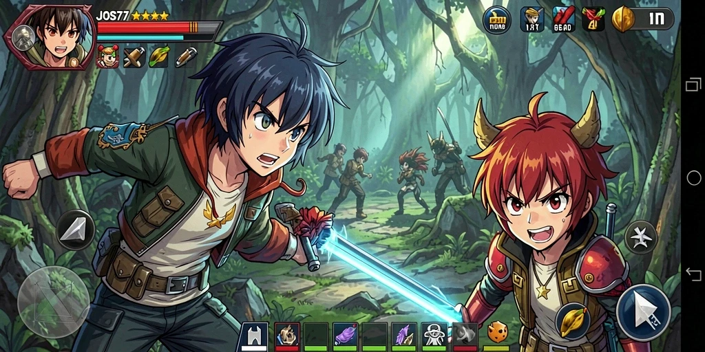 Tangkapan layar utama JOS77 menunjukkan pertarungan karakter anime yang epik.
