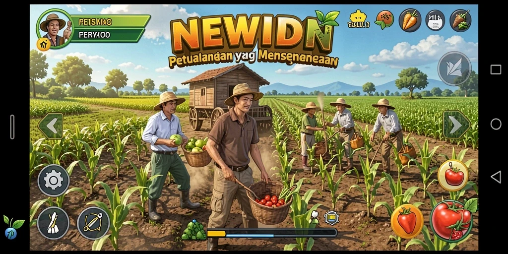 Tampilan gameplay yang menarik dalam NEWIDN saat bertani dengan teman.