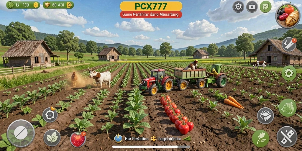 Screenshot gameplay PCX777 menampilkan ladang hijau dan hewan ternak yang ceria.