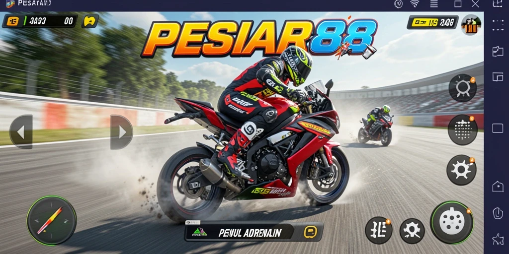 Screenshot gameplay PESIAR88 menampilkan balapan motor yang cepat dan intens.