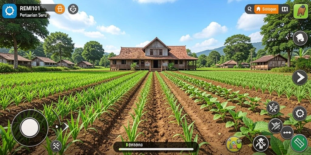 Tampilan gameplay seru dalam REMI101 dengan berbagai aktivitas pertanian.