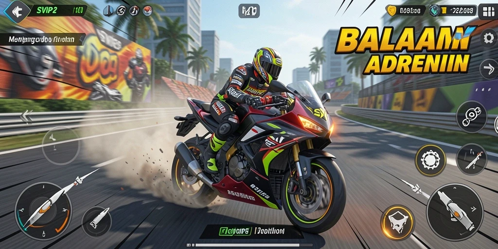 Tangkapan layar gameplay SVIP2 yang menunjukkan balapan motor mendebarkan.